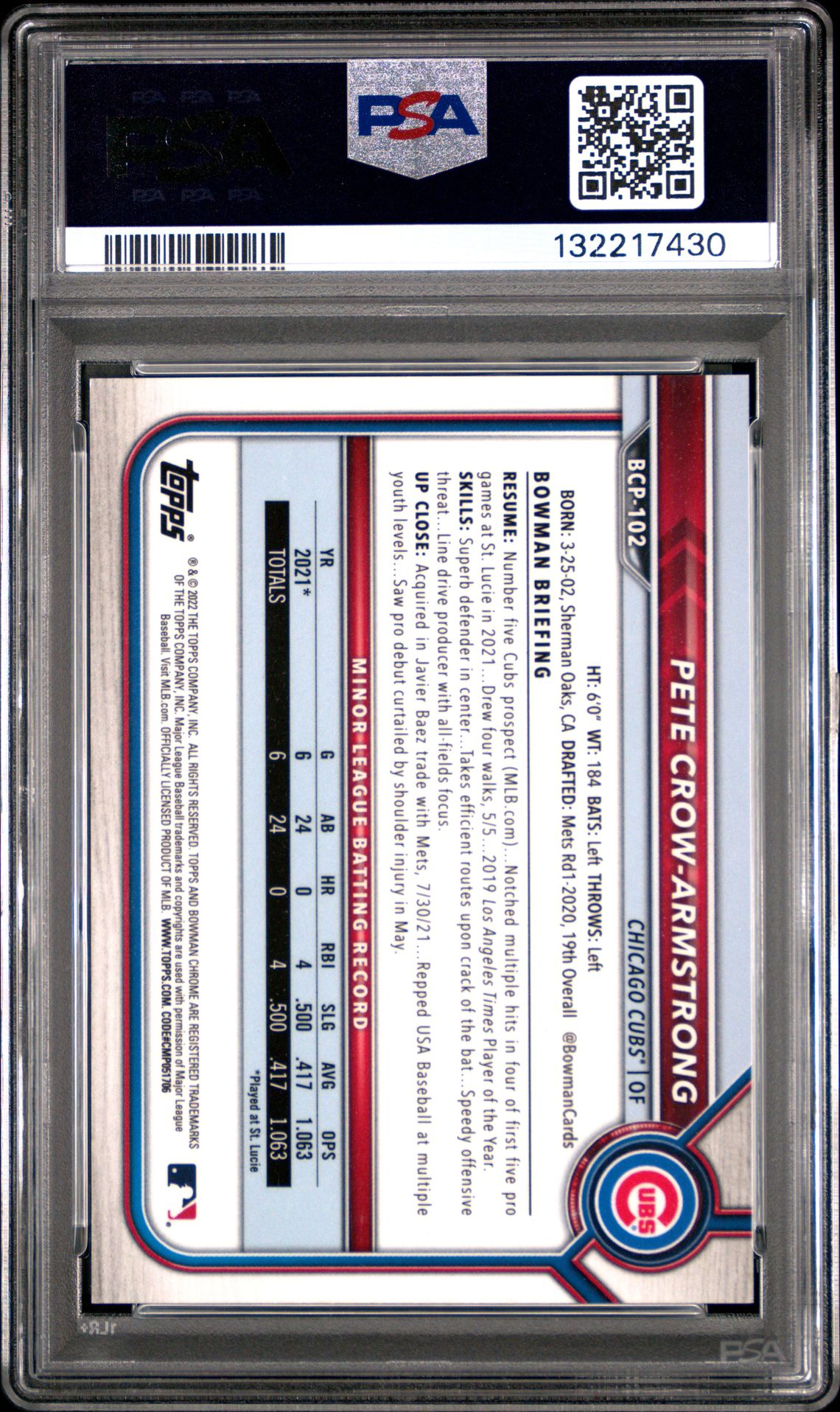 2022 Bowman Chrome Prospects Pete Crow-Armstrong #Bcp102 (Chr.pros-Grn.mn.dmd.ref.) Mint 9 back