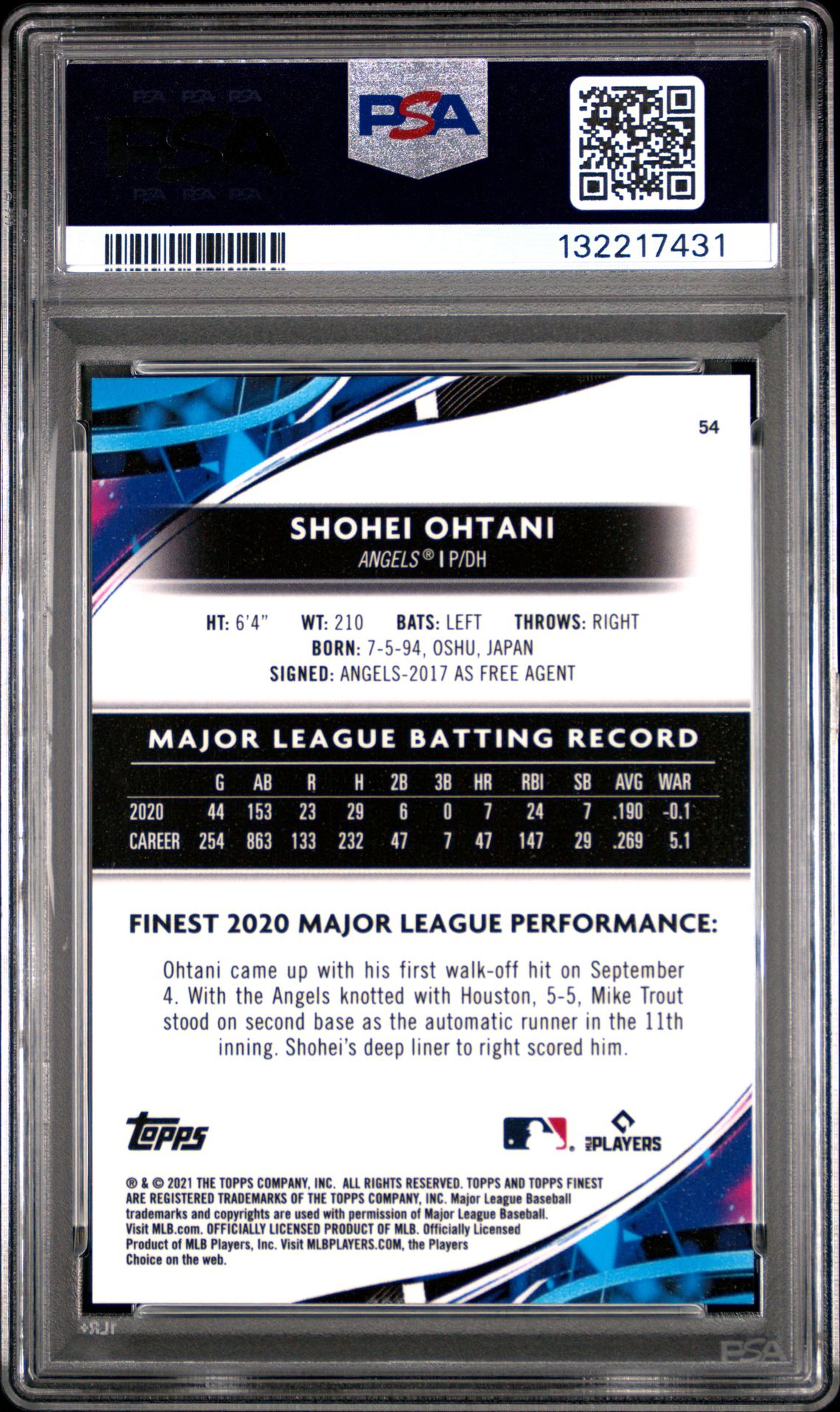2021 Topps Finest Shohei Ohtani #54 (Purple/Aqua Vapor Ref.) Gem Mt 10 back