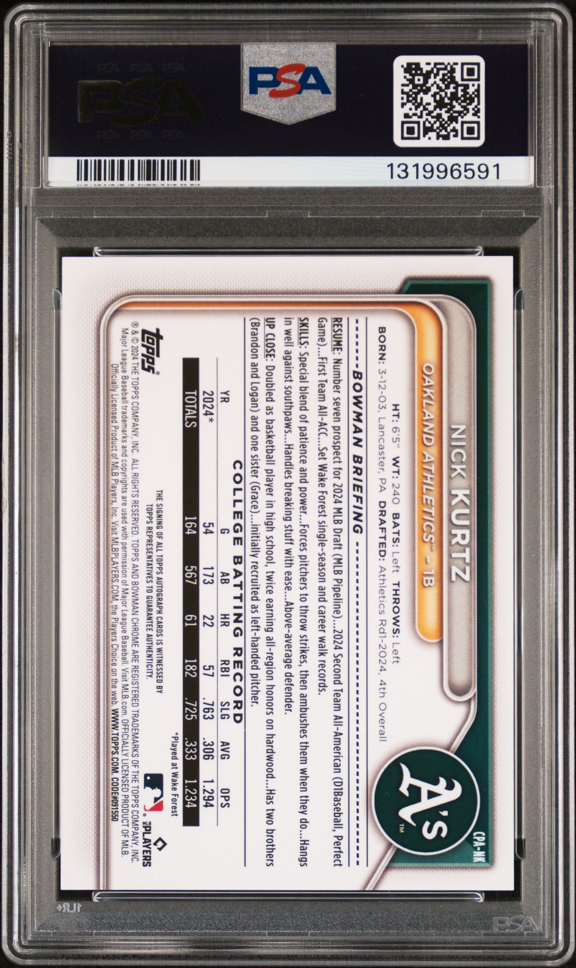 2024 Bowman Draft Chrome Prospect Autographs Nick Kurtz #Cpank Mint 9 back