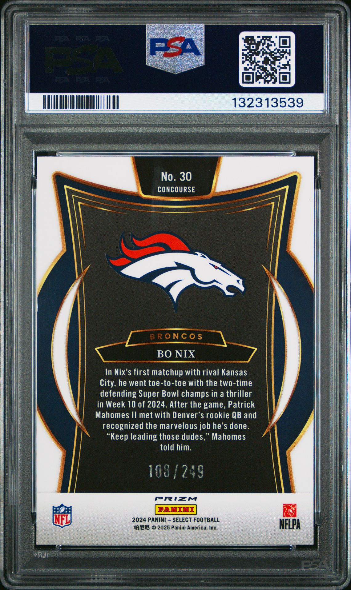 2024 Panini Select Bo Nix #30 (Blue Prizm) Gem Mt 10 back