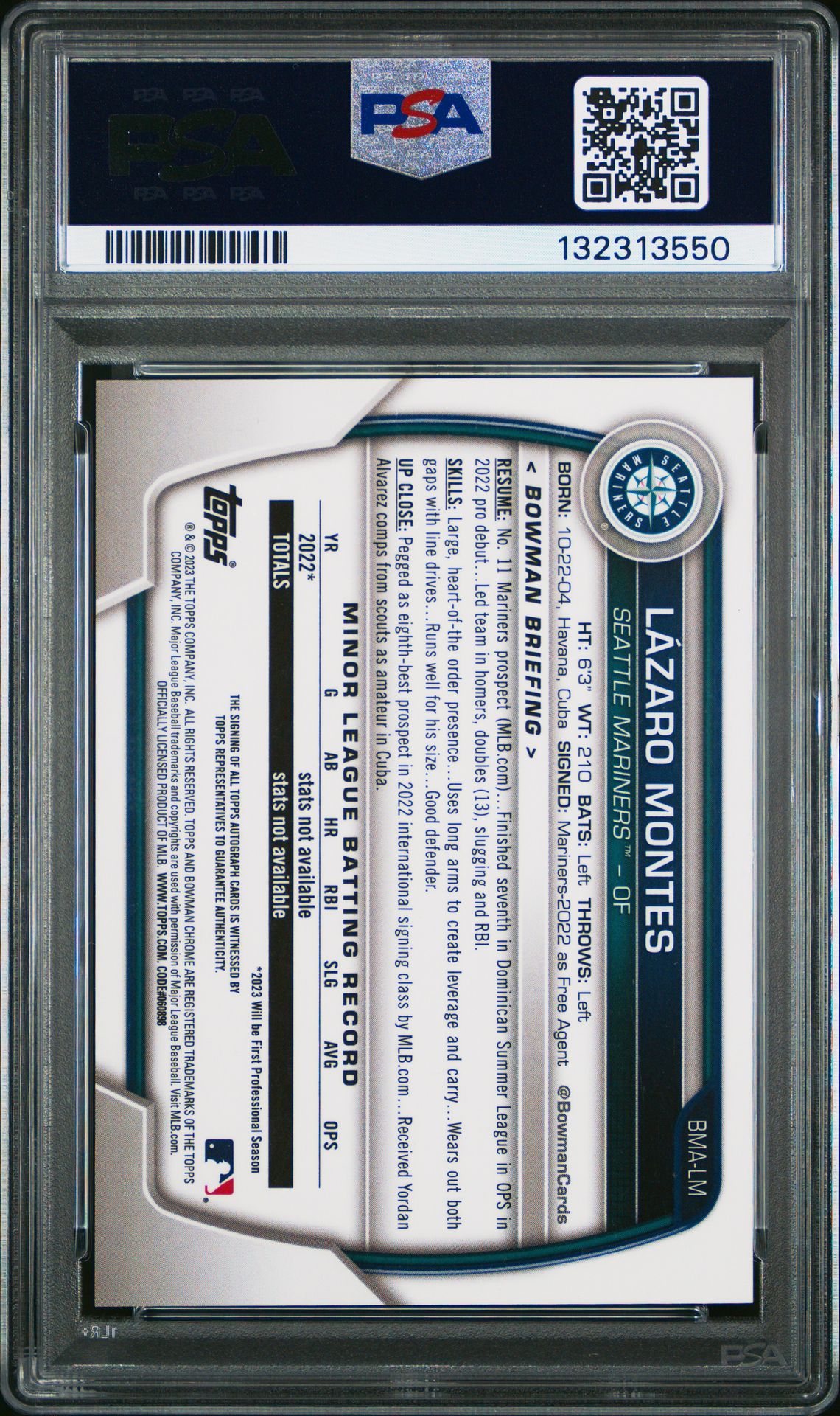 2023 Bowman Mega Box Chrome Prospect Autographs Lazaro Montes #Lm (Chrome-Prospect Autograph) Mint 9 back