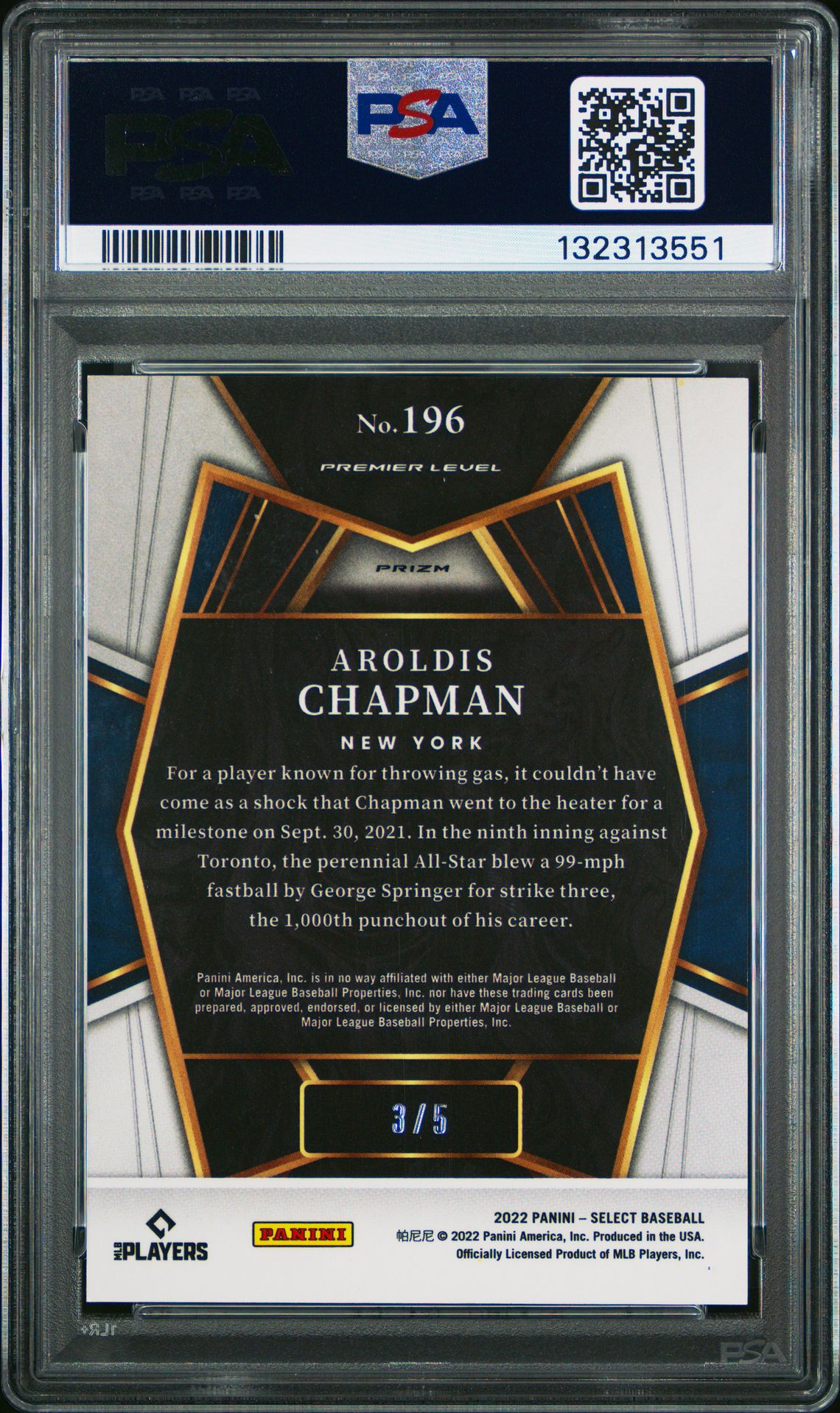 2022 Panini Select Aroldis Chapman #196 (Green) Mint 9 back