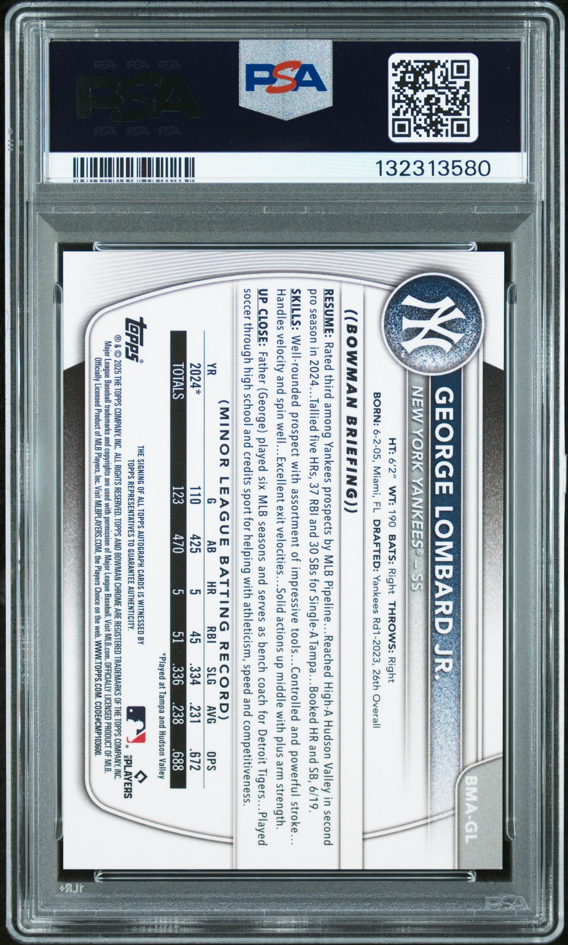 2025 Bowman Mega Box Bowman Prospect Mega Autographs George Lombard Jr. #Gl Mint 9 back