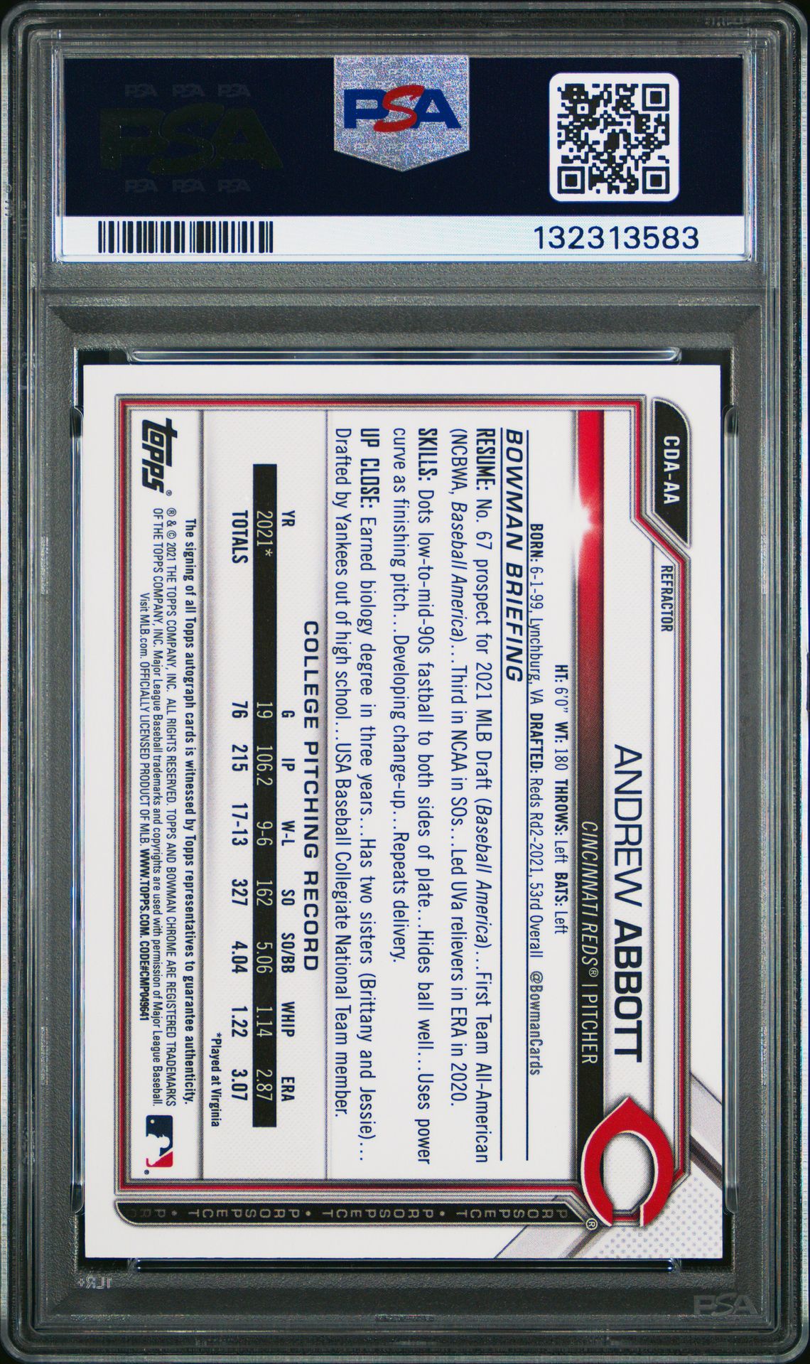 2021 Bowman Draft Chrome Draft Pick Autographs Andrew Abbott #Cdaaa (Chrome Dp Auto-Ref.) Mint 9 back