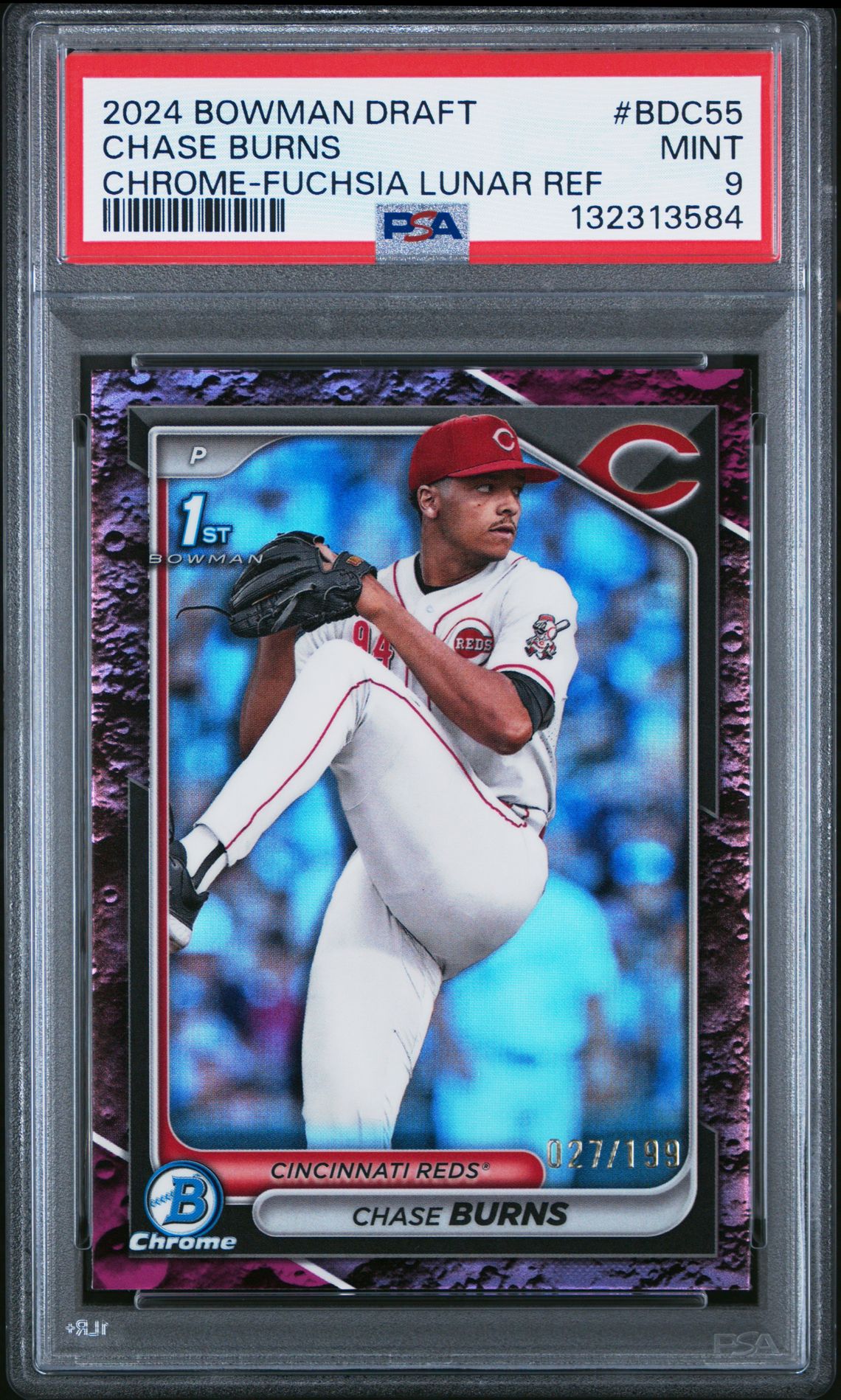 2024 Bowman Draft Chase Burns #Bdc55 (Chrome-Fuchsia Lunar Ref) Mint 9 front