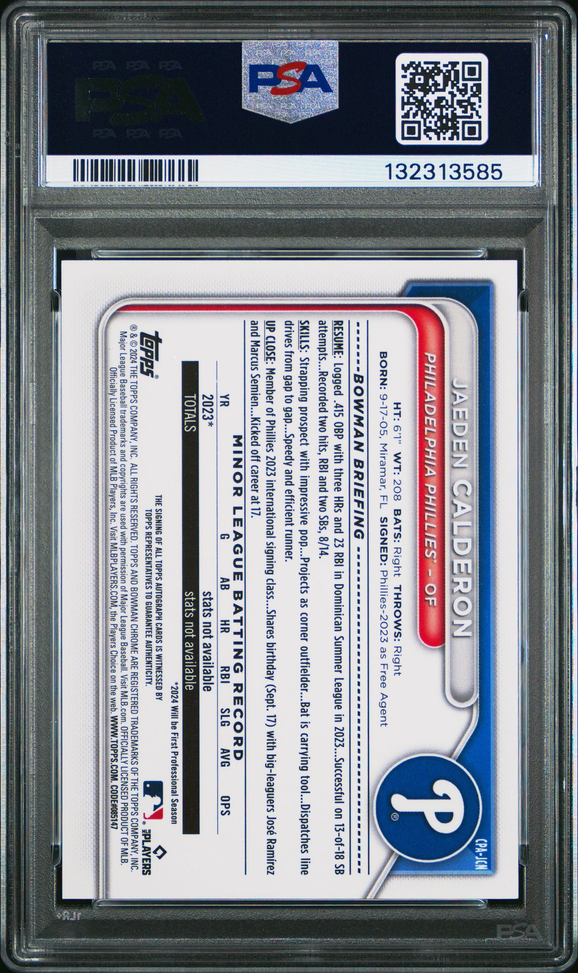 2024 Bowman Chrome Prospect Autographs Jaeden Calderon #Cpajcn (Prospect Auto-Yellow Ref) Mint 9 back