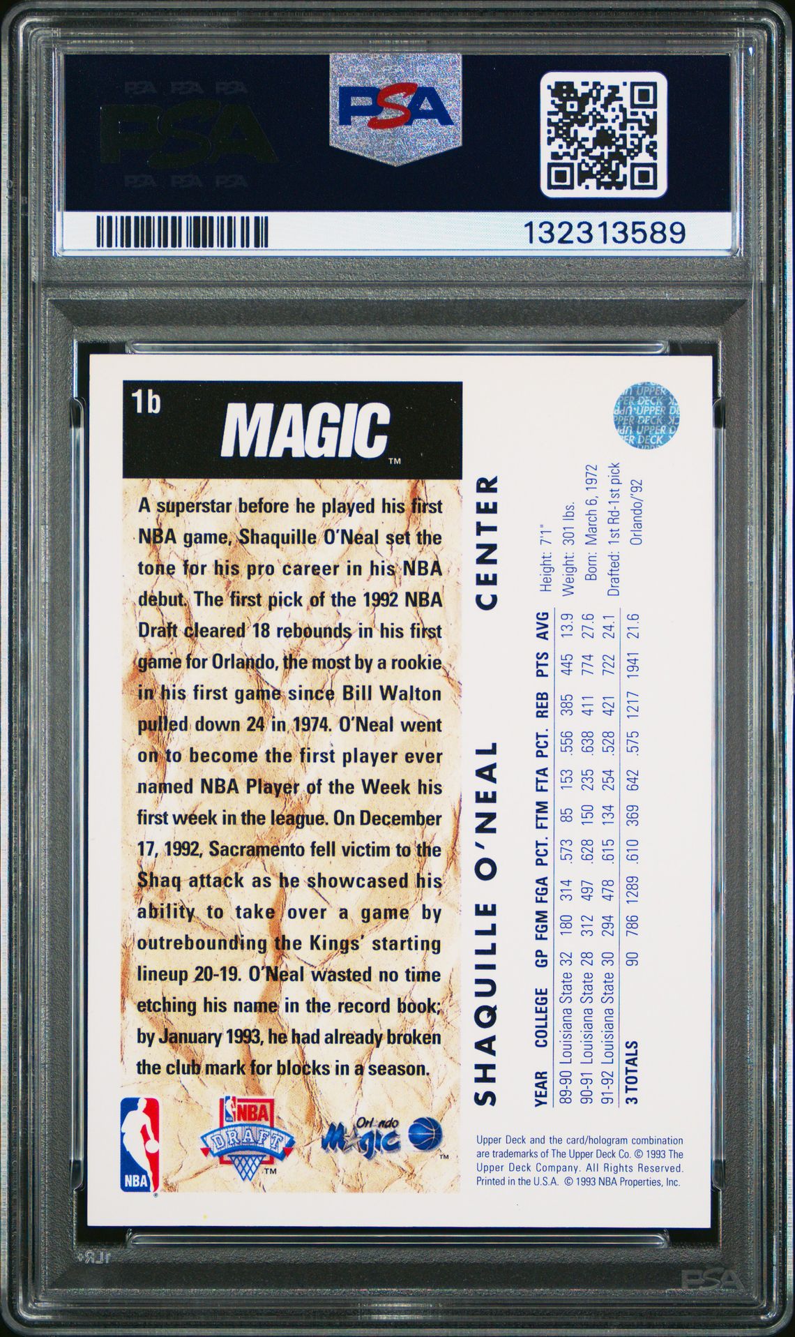 1992 Upper Deck Shaquille O'neal #1B (Trade Card) Ex-Mt 6 back