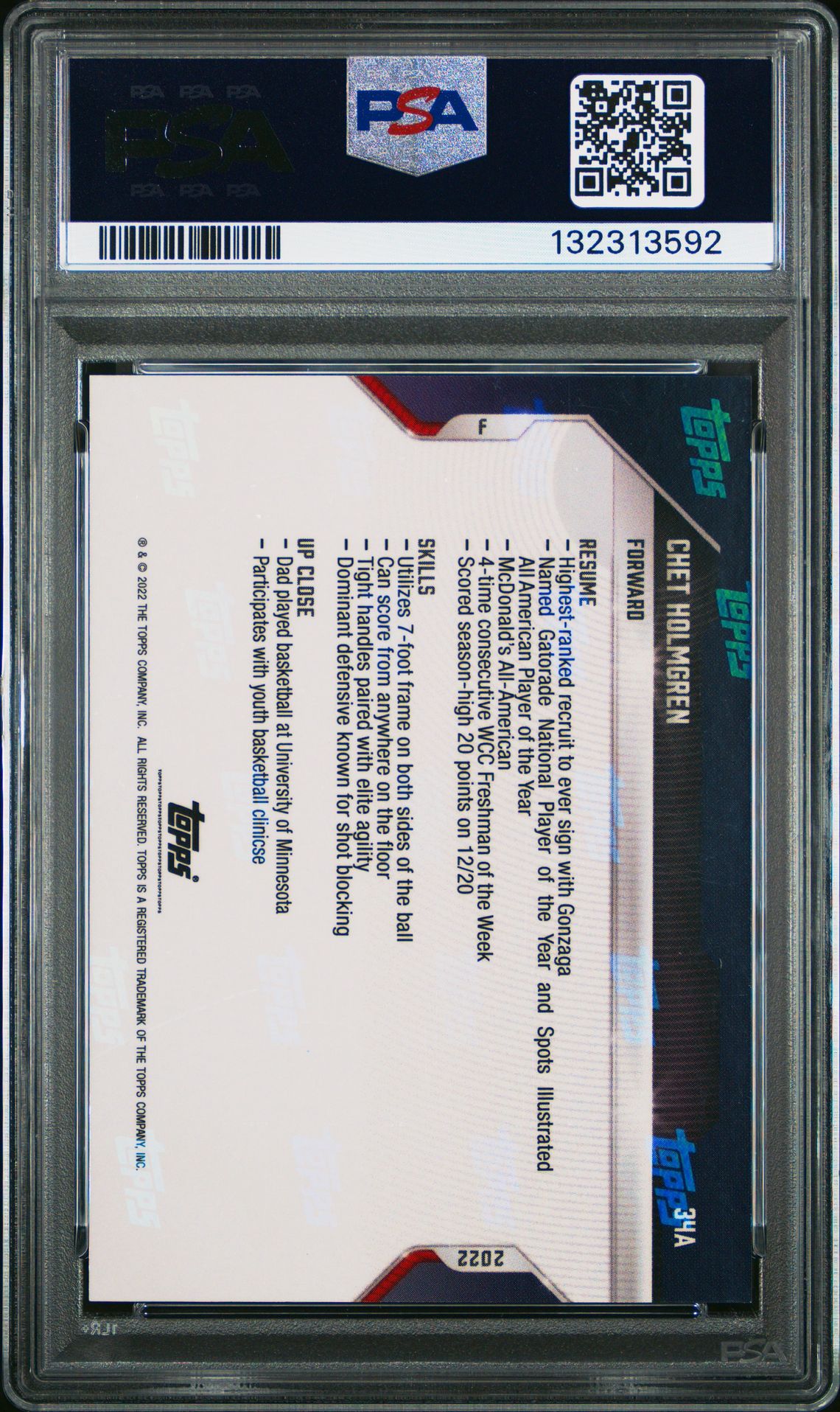 2021 Bowman Next Chet Holmgren #34A (Autograph) Mint 9 back