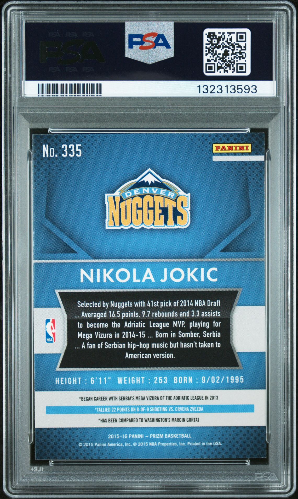 2015 Panini Prizm Nikola Jokic #335 Gem Mt 10 back