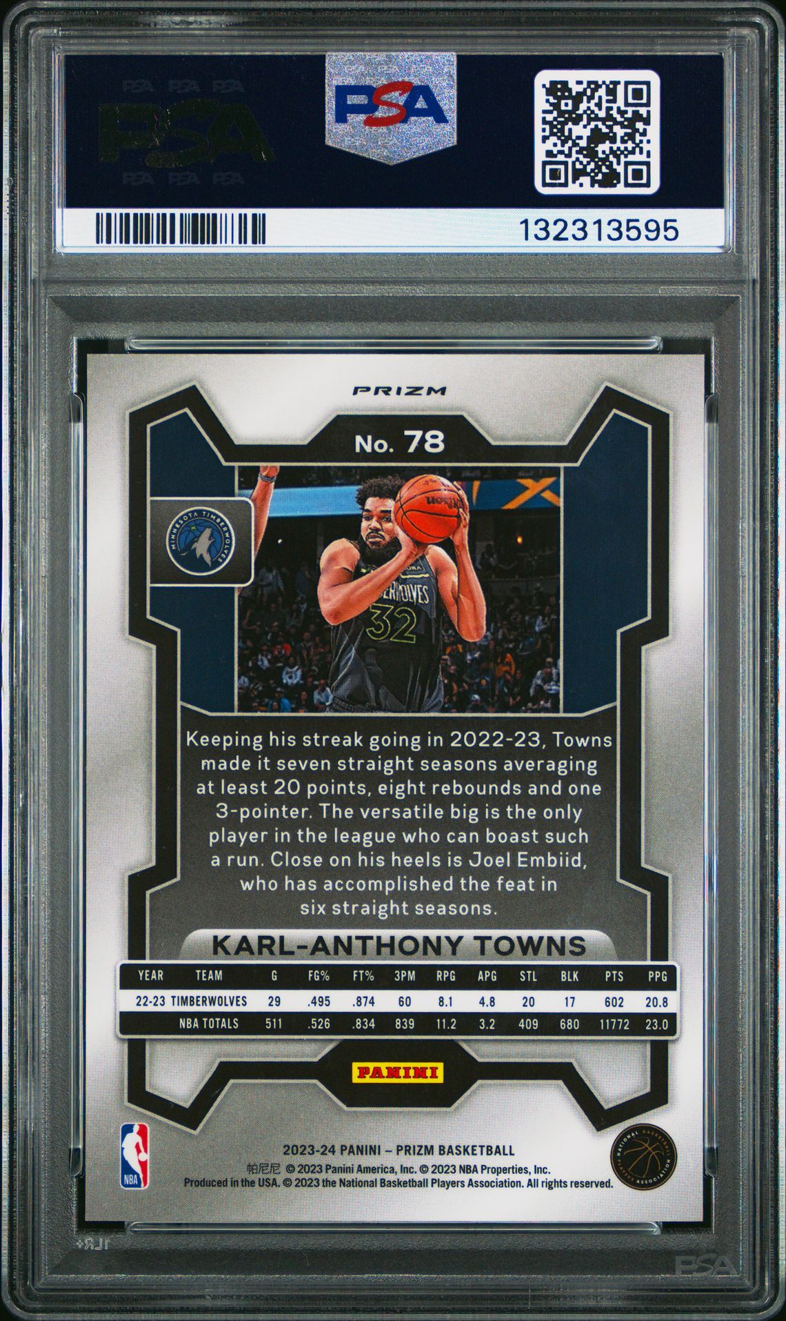 2023 Panini Prizm Karl-Anthony Towns #78 (King Snake) Gem Mt 10 back