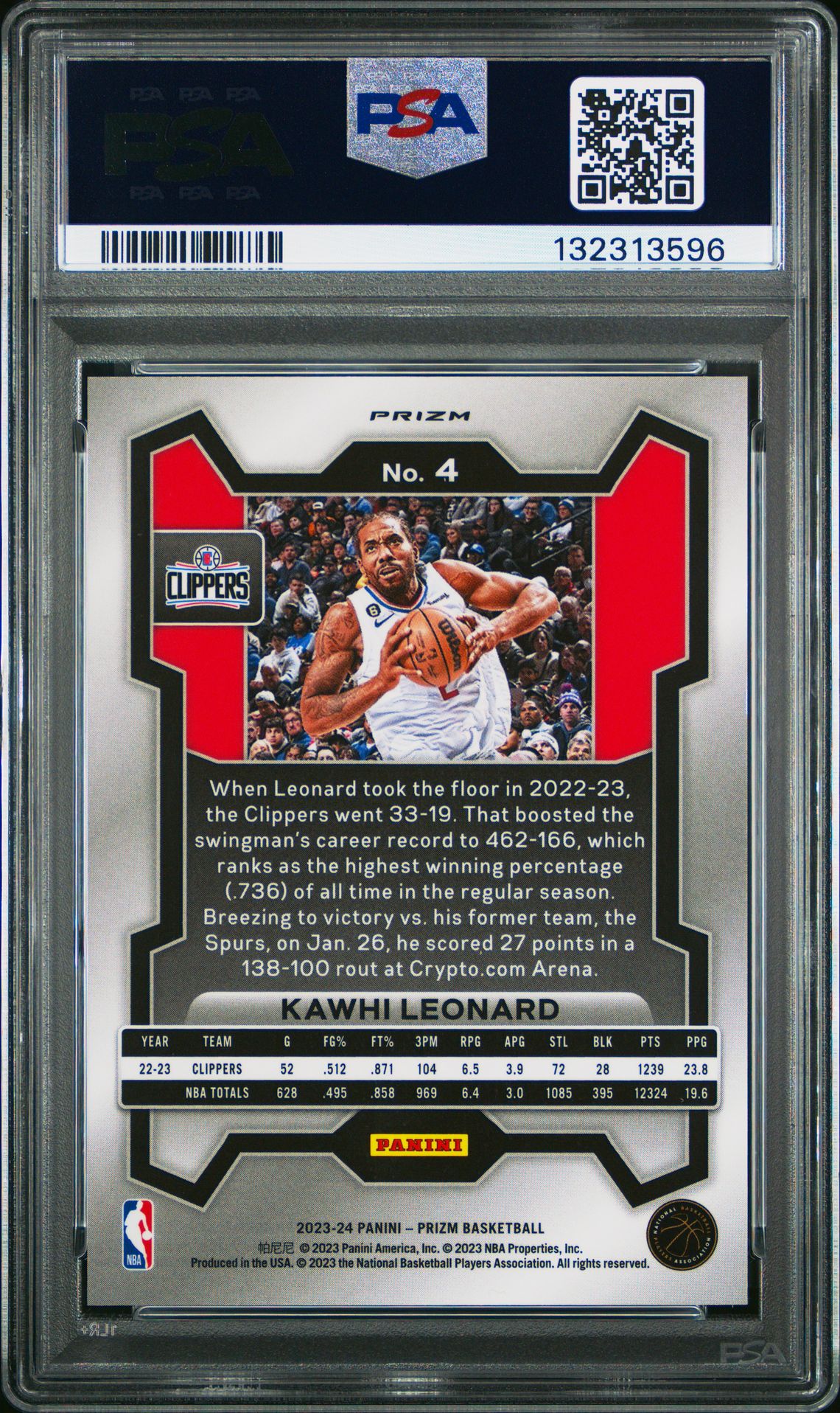 2023 Panini Prizm Kawhi Leonard #4 (King Snake) Gem Mt 10 back