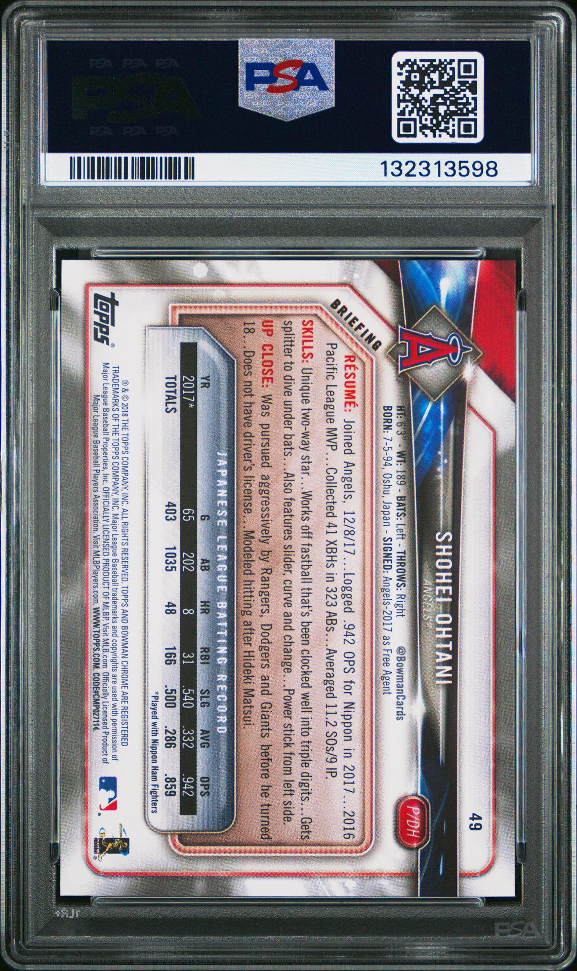 2018 Bowman Shohei Ohtani #49 Mint 9 back