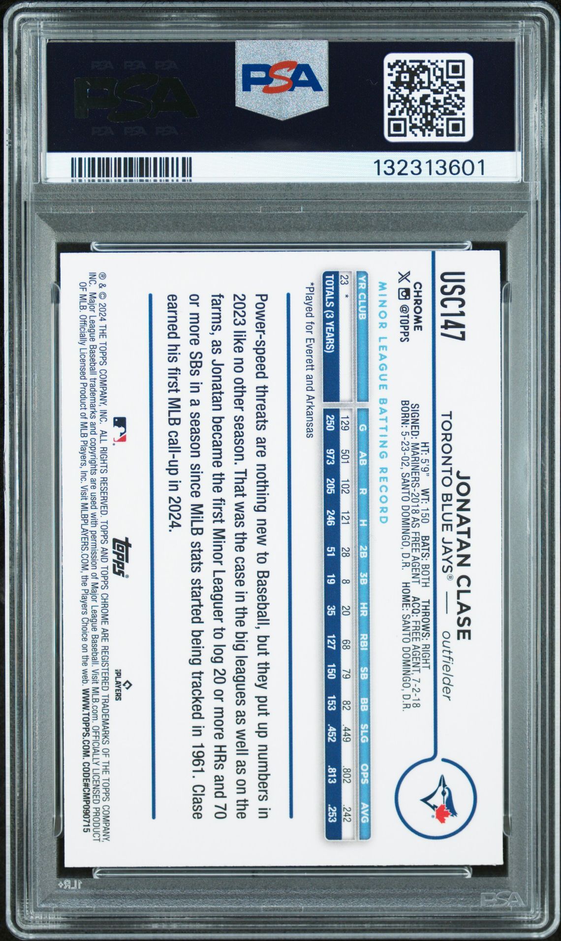 2024 Topps Chrome Update Jonatan Clase #Usc147 (Aqua Refractor) Mint 9 back