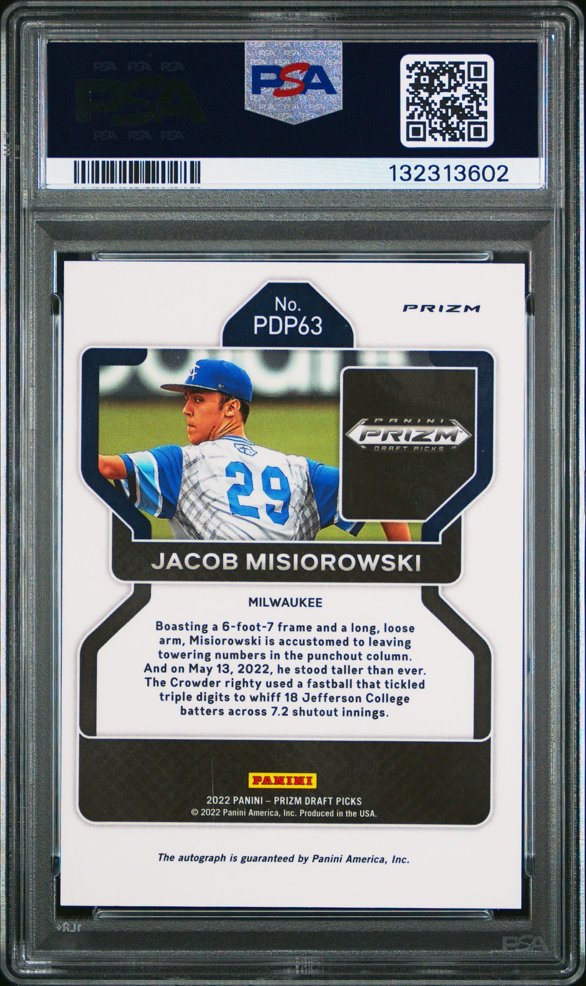 2022 Panini Prizm Draft Picks Jacob Misiorowski #Pdp63 (Autograph) Nm 7 back