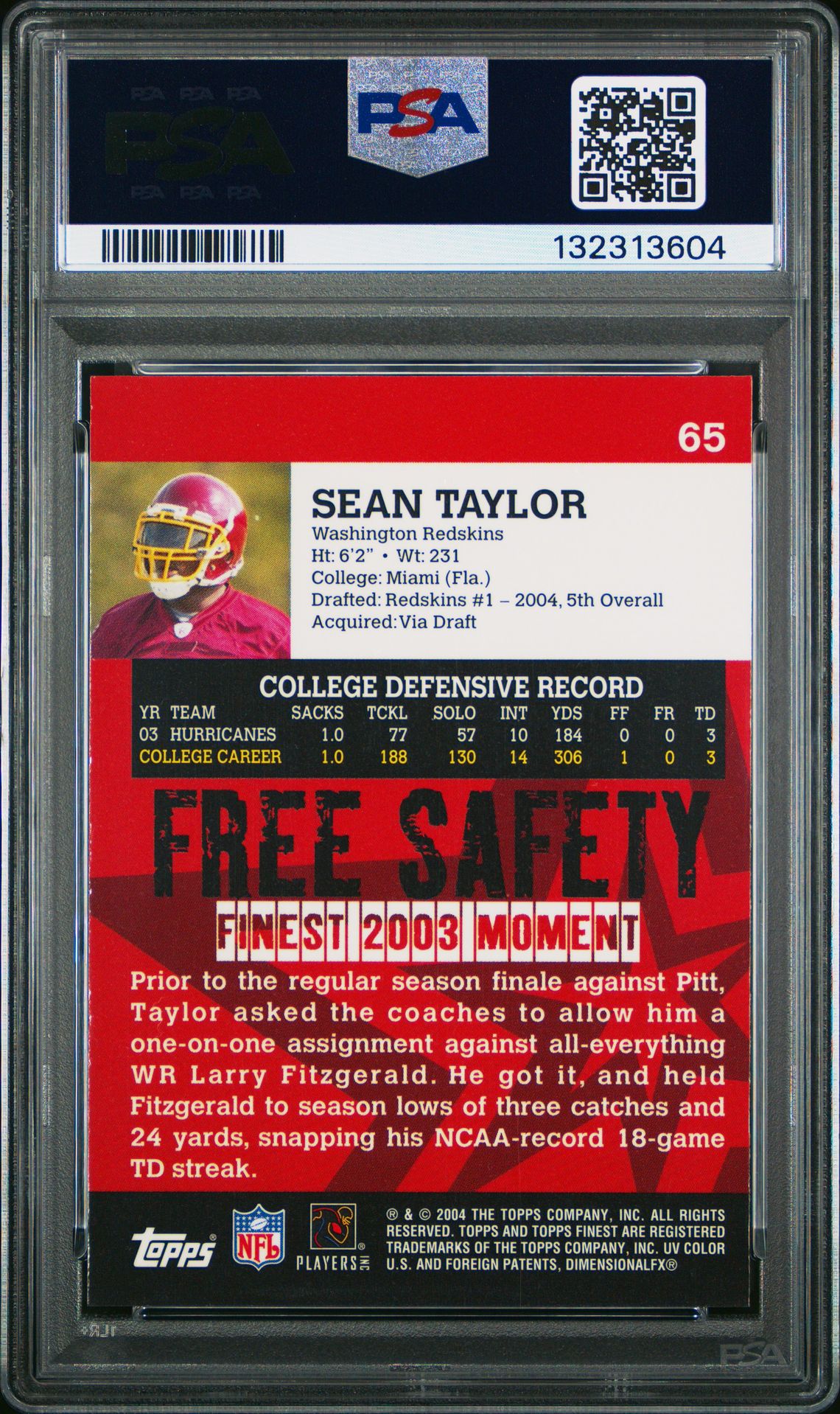 2004 Finest Sean Taylor #65 Mint 9 back