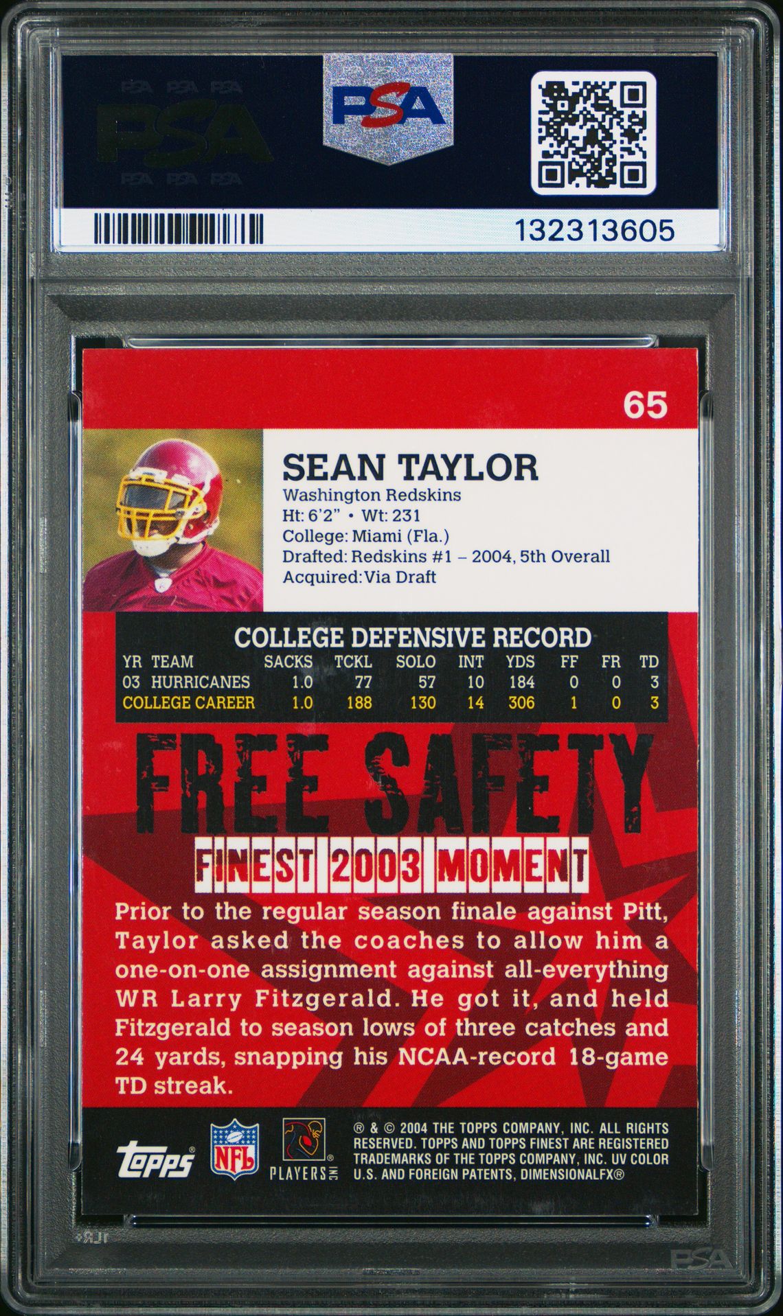 2004 Finest Sean Taylor #65 Gem Mt 10 back