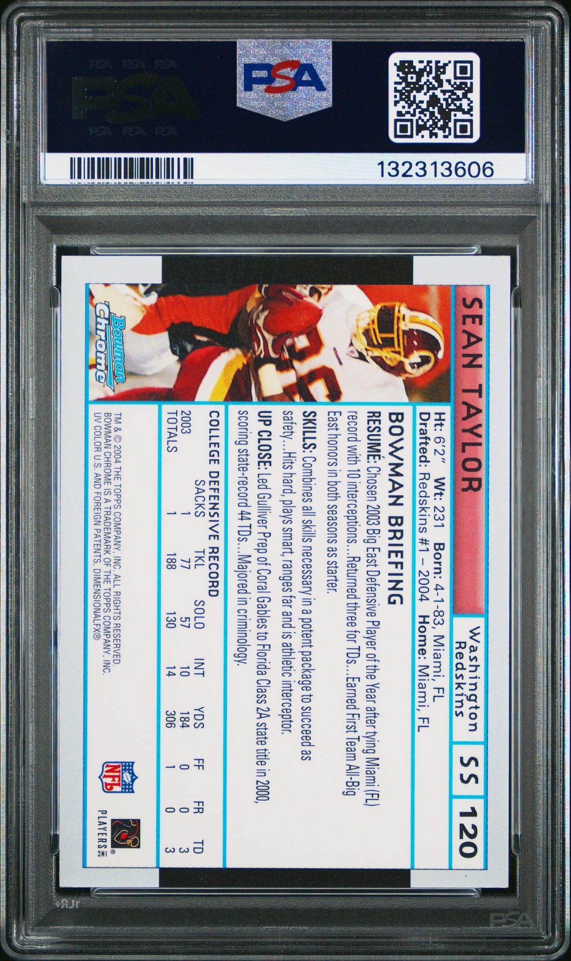 2004 Bowman Chrome Sean Taylor #120 Nm-Mt 8 back