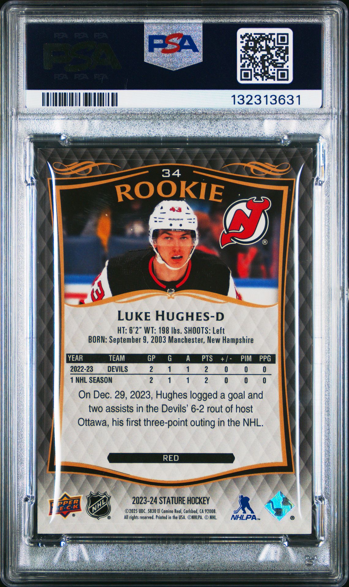 2024 Upper Deck Stature Update Luke Hughes #34 (Update-2023-Red) Mint 9 back