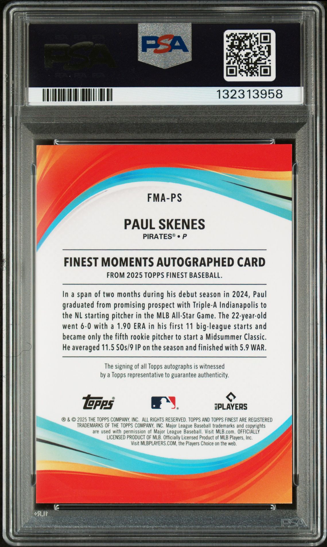 2025 Topps Finest Finest Moments Autographs Paul Skenes #Fmaps (Finest Moments Au-Green Ref) Mint 9 back