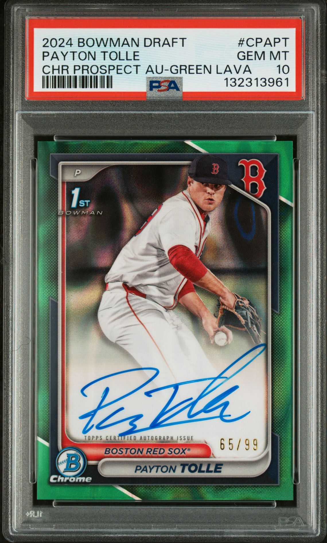 2024 Bowman Draft Chrome Prospect Autographs Payton Tolle #Cpapt (Chr Prospect Au-Green Lava) Gem Mt 10 front