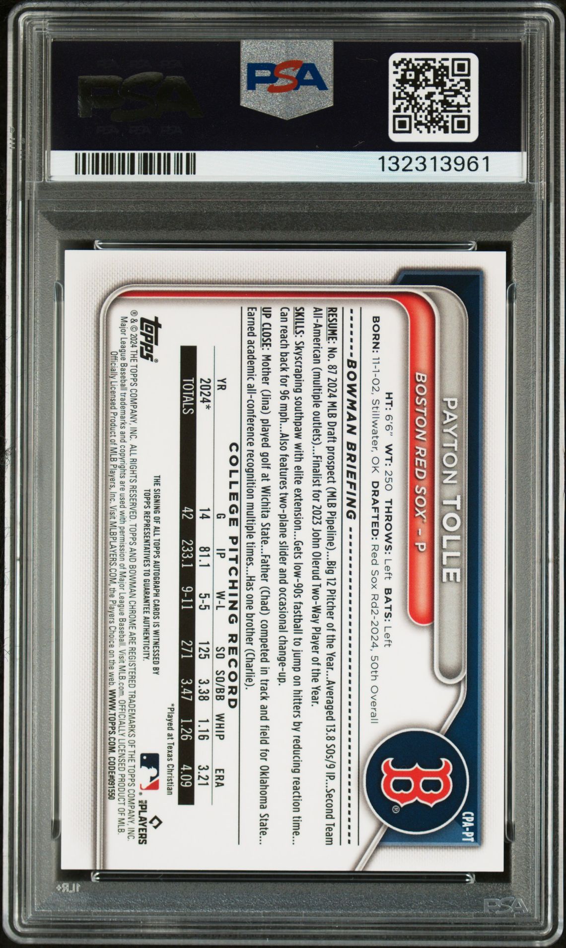 2024 Bowman Draft Chrome Prospect Autographs Payton Tolle #Cpapt (Chr Prospect Au-Green Lava) Gem Mt 10 back