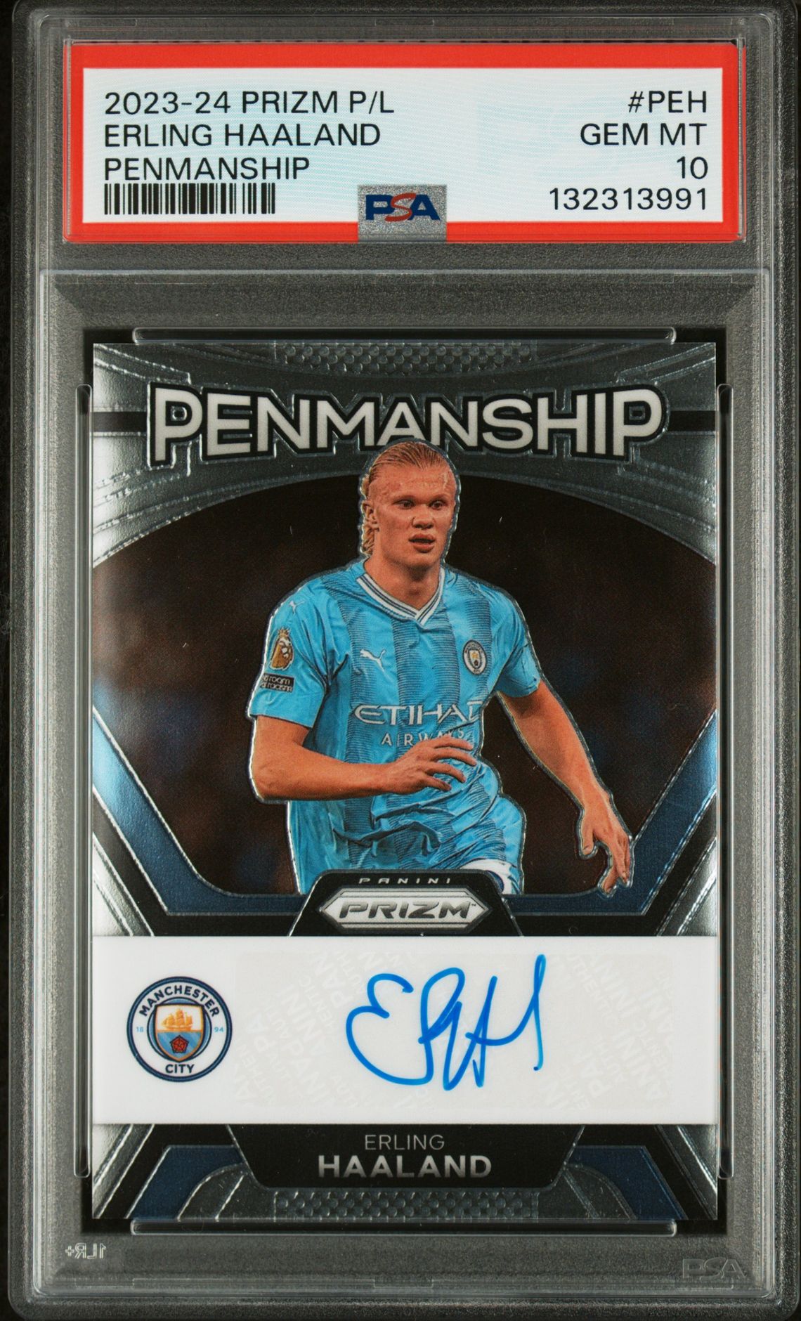 2023-24 Panini Prizm Premier League Penmanship Erling Haaland #Peh Gem Mt 10 front