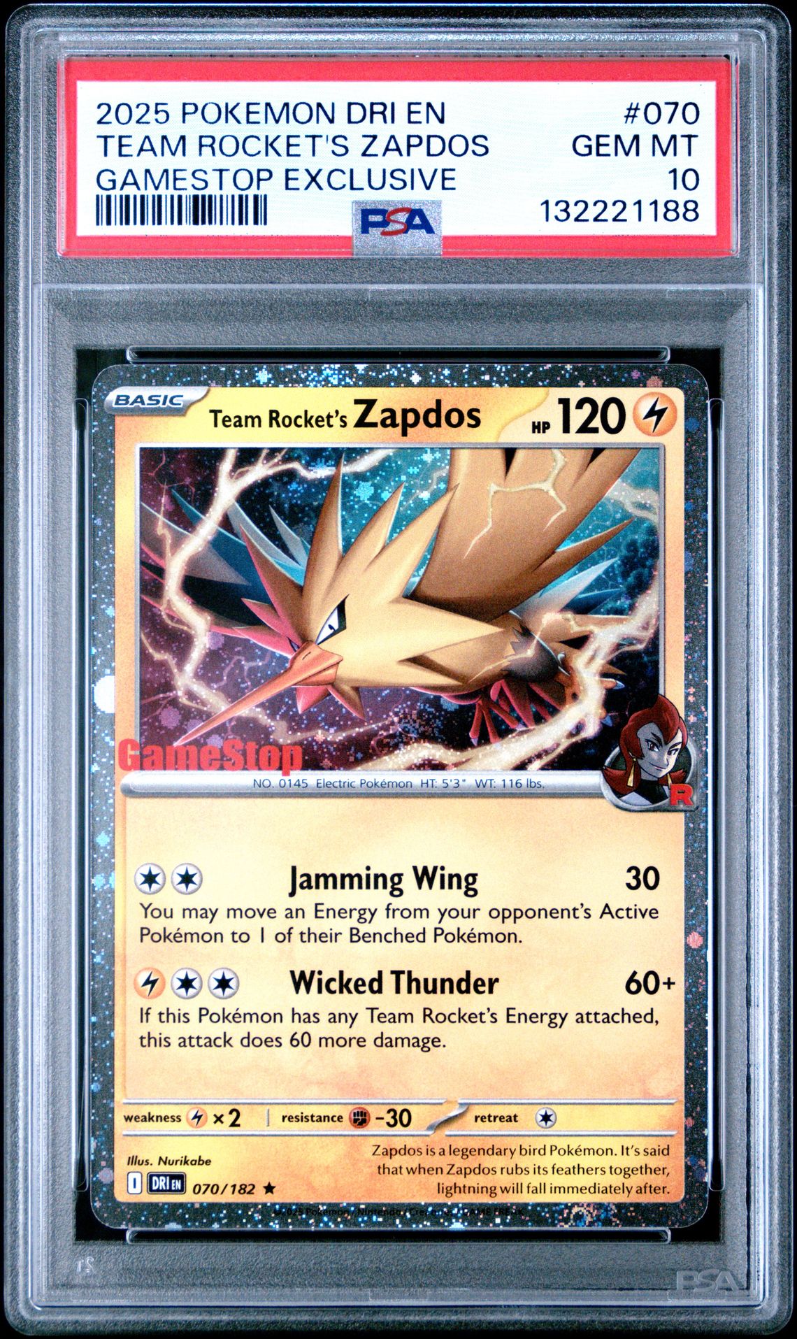 2025 Pokemon Dri En-Destined Rivals Team Rocket's Zapdos #070 (Gamestop Exclusive) Gem Mt 10 front