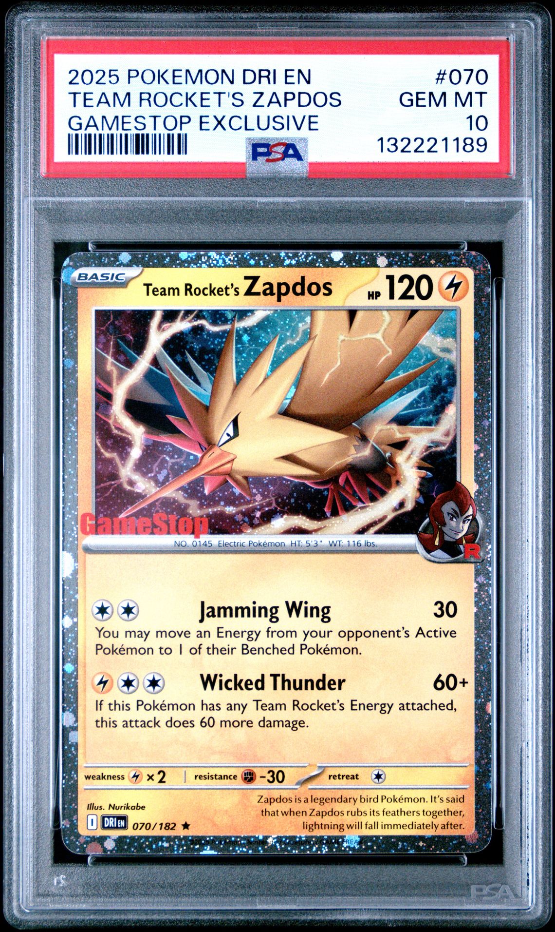 2025 Pokemon Dri En-Destined Rivals Team Rocket's Zapdos #070 (Gamestop Exclusive) Gem Mt 10 front