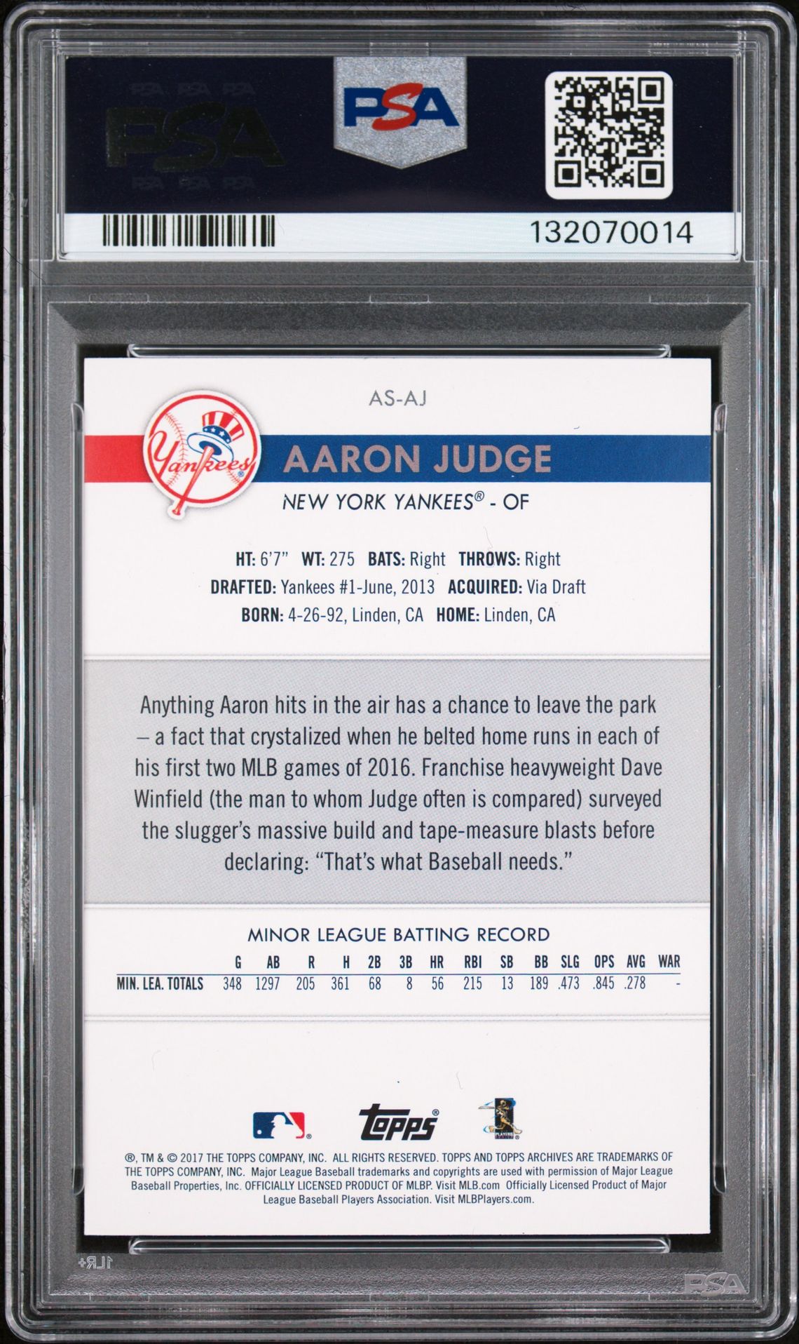 2017 Topps Archives Snapshots Aaron Judge #Asaj (Snapshots) Gem Mt 10 back