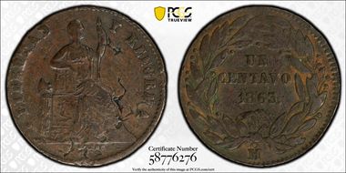 1863-Mo 1C Flat top 3, reeded edge VF30BN