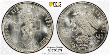 1968-Mo 25 Peso Olympic KM-479.1 Rings Align, Straight Tongue MS66