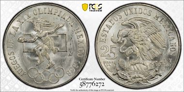 1968-Mo 25 Peso Olympic KM-479.3 Low Cntr ring, Curve Tongue MS64