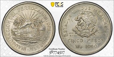 1950-Mo 5 Peso Southeastern Railroad KM-466  Ag N1