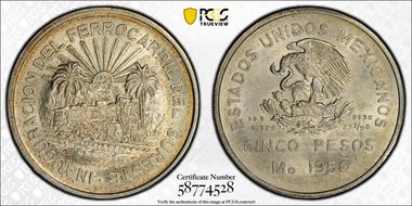 1950-Mo 5 Peso Southeastern Railroad KM-466  Ag MS63