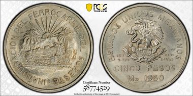 1950-Mo 5 Peso Southeastern Railroad KM-466  Ag N1