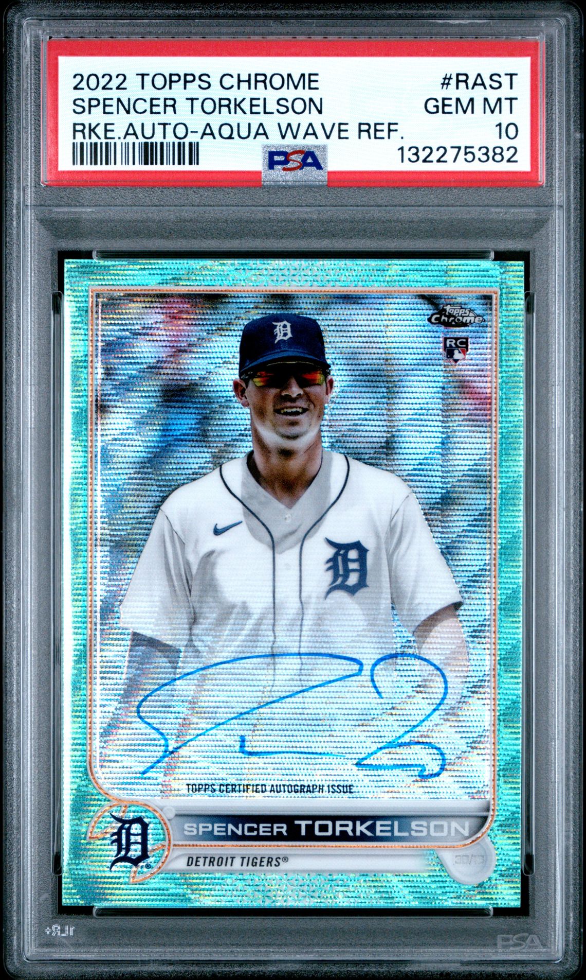 2022 Topps TOPPS CHROME ROOKIE AUTOGRAPHS RKE.AUTO-AQUA WAVE REF. #RAST Spencer Torkelson front
