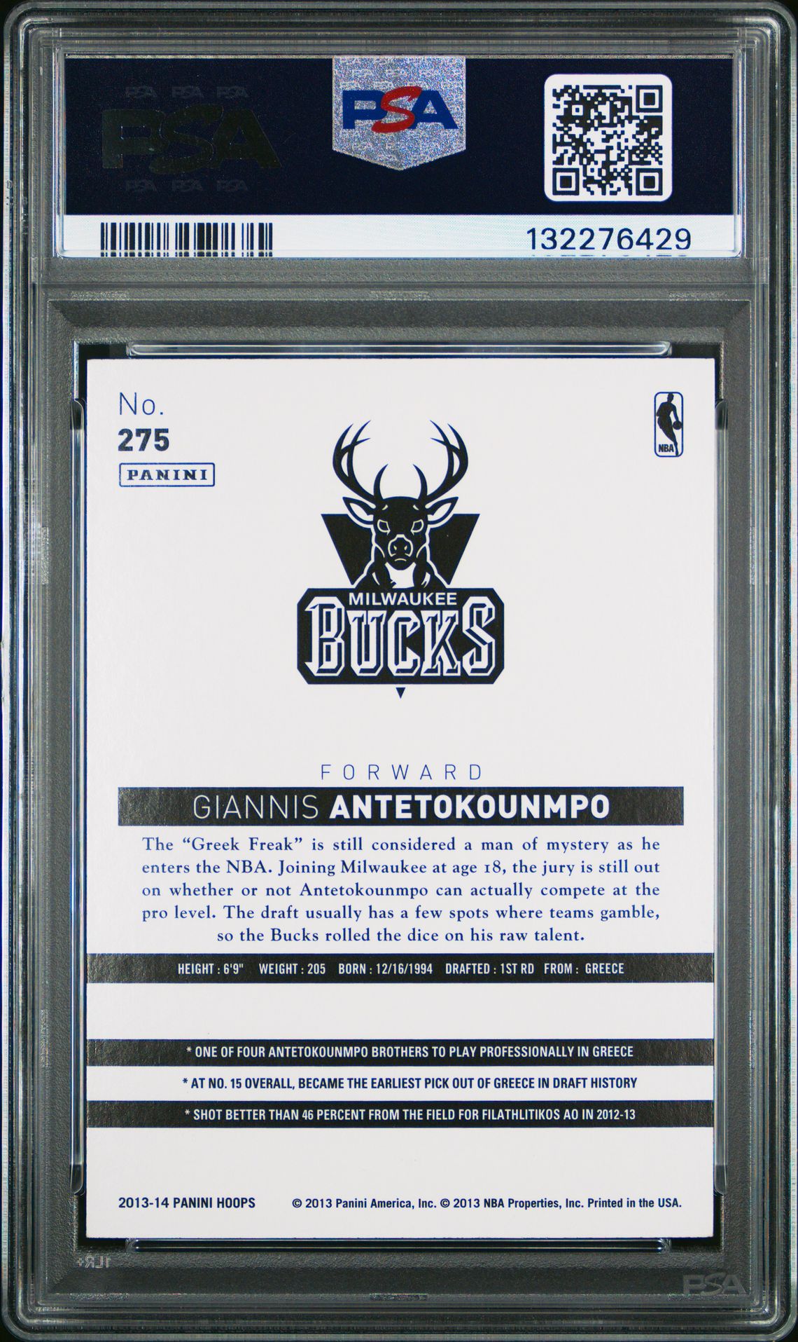 2013 Panini Hoops G.antetokounmpo #275 Gem Mt 10 back