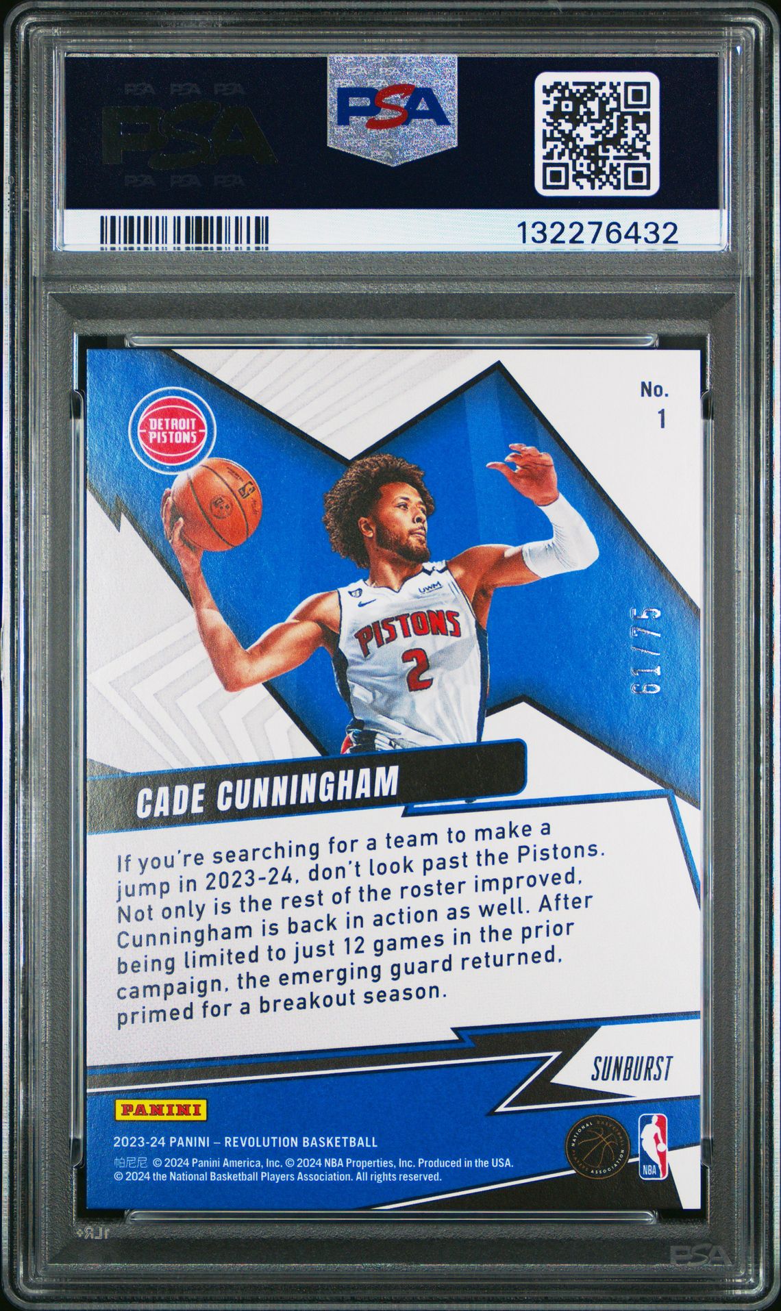 2023 Panini Revolution Shock Wave Cade Cunningham #1 (Shock Wave-Sunburst) Mint 9 back