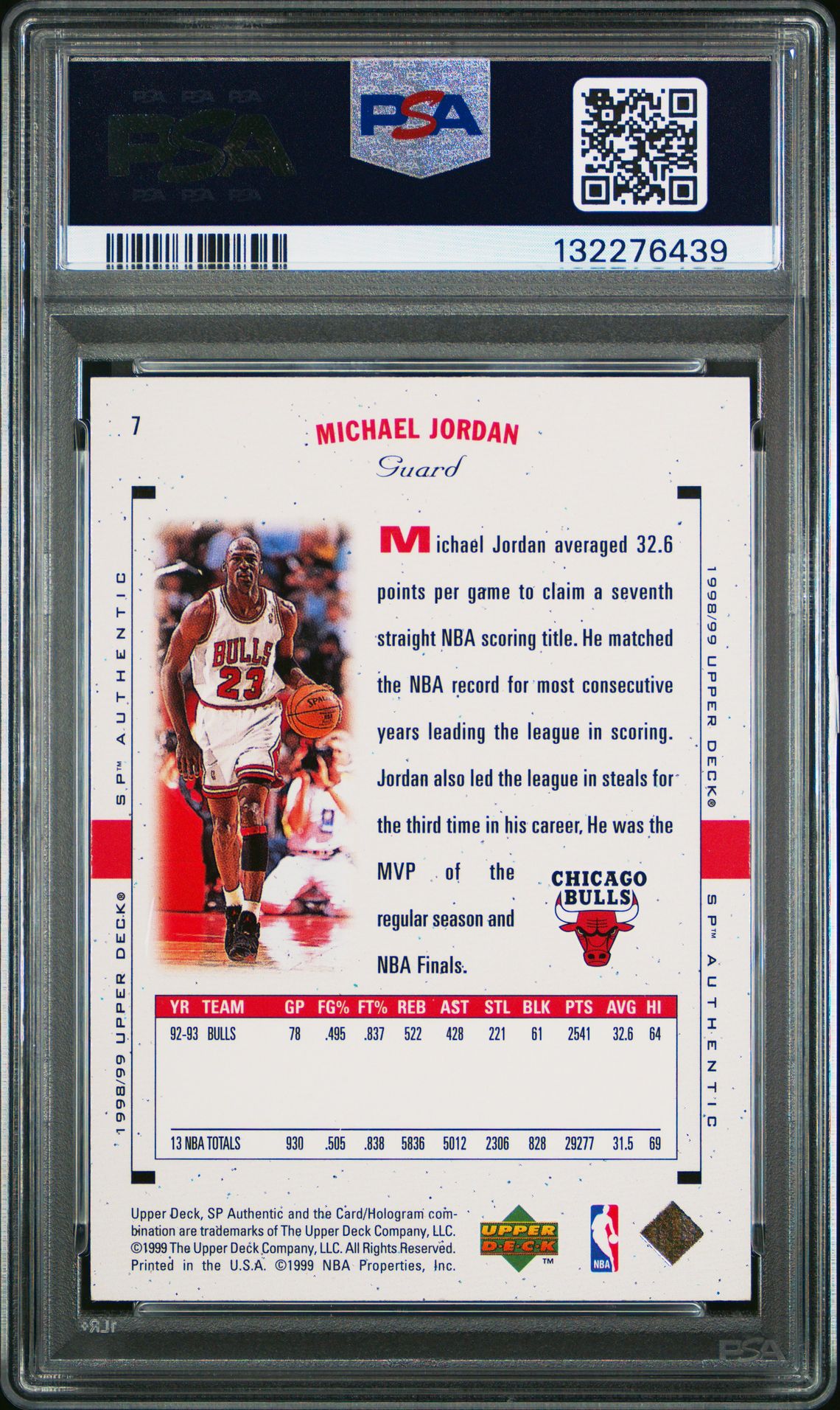 1998 Sp Authentic Michael Jordan #7 Mint 9 back