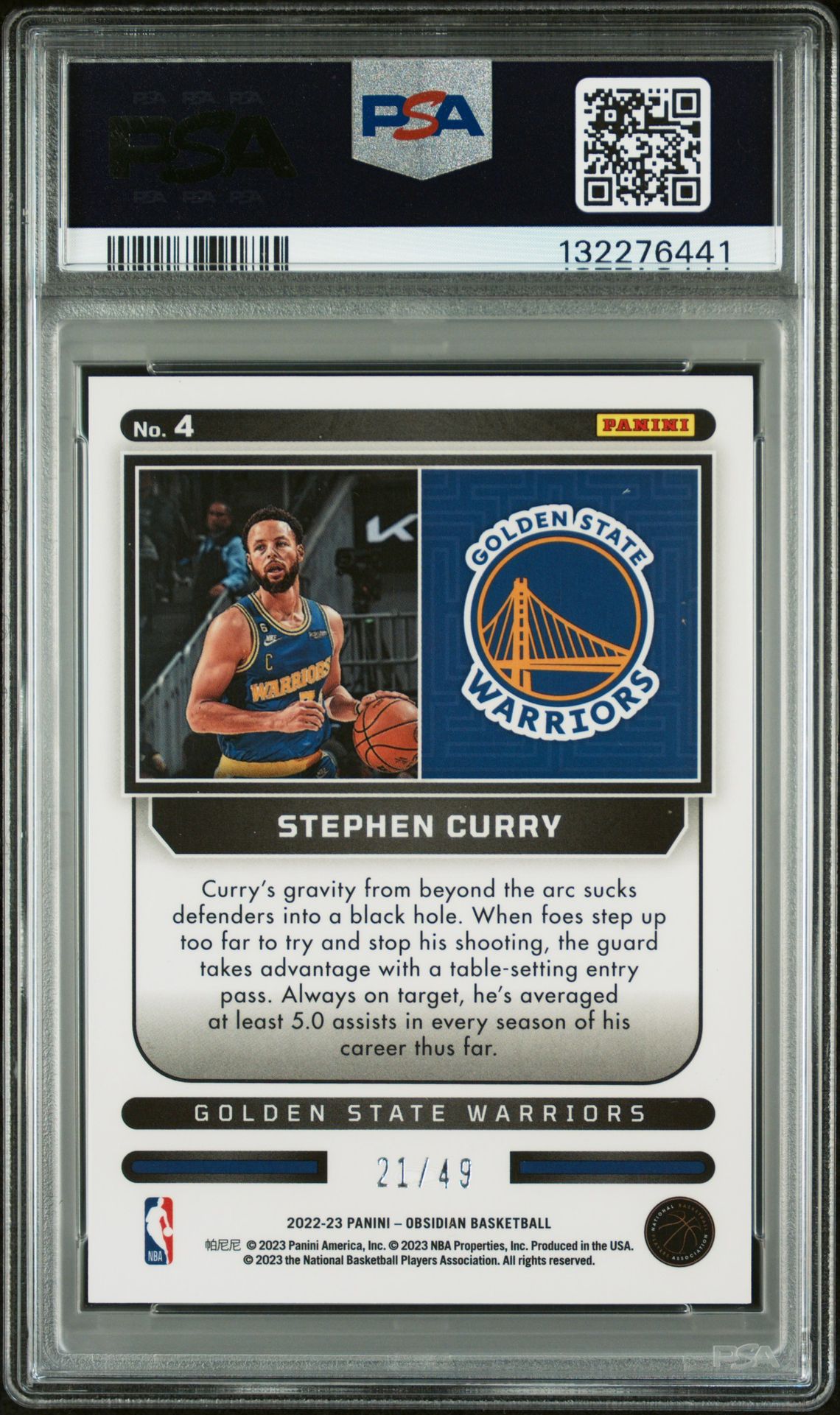 2022 Panini Obsidian Supernova Stephen Curry #4 (Supernova-Ee Purple Flood) Mint 9 back
