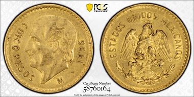 1906-M 5 Peso KM-464  Au AU58