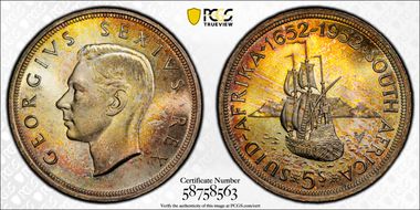 1952 5 Shil 300th Ann. of Capetown KM-41  Ag PR67