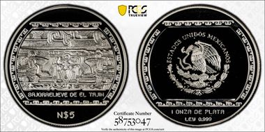 1993-Mo 5 Peso Bajorrelieve Del Tajin KM-569  Ag PR69DCAM