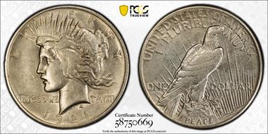 1921 $1 High Relief, Peace AU50