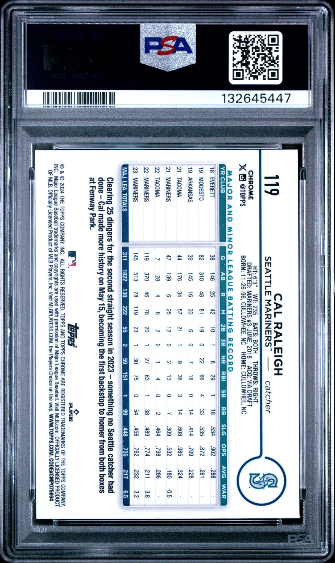 2024 Topps Chrome Cal Raleigh #119 Gem Mt 10 back view - PSA certificate #132645447