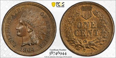 1864 1C L on Ribbon MS64BN