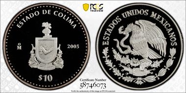 2005-Mo 10 Peso Colima KM-728  Ag PR69DCAM