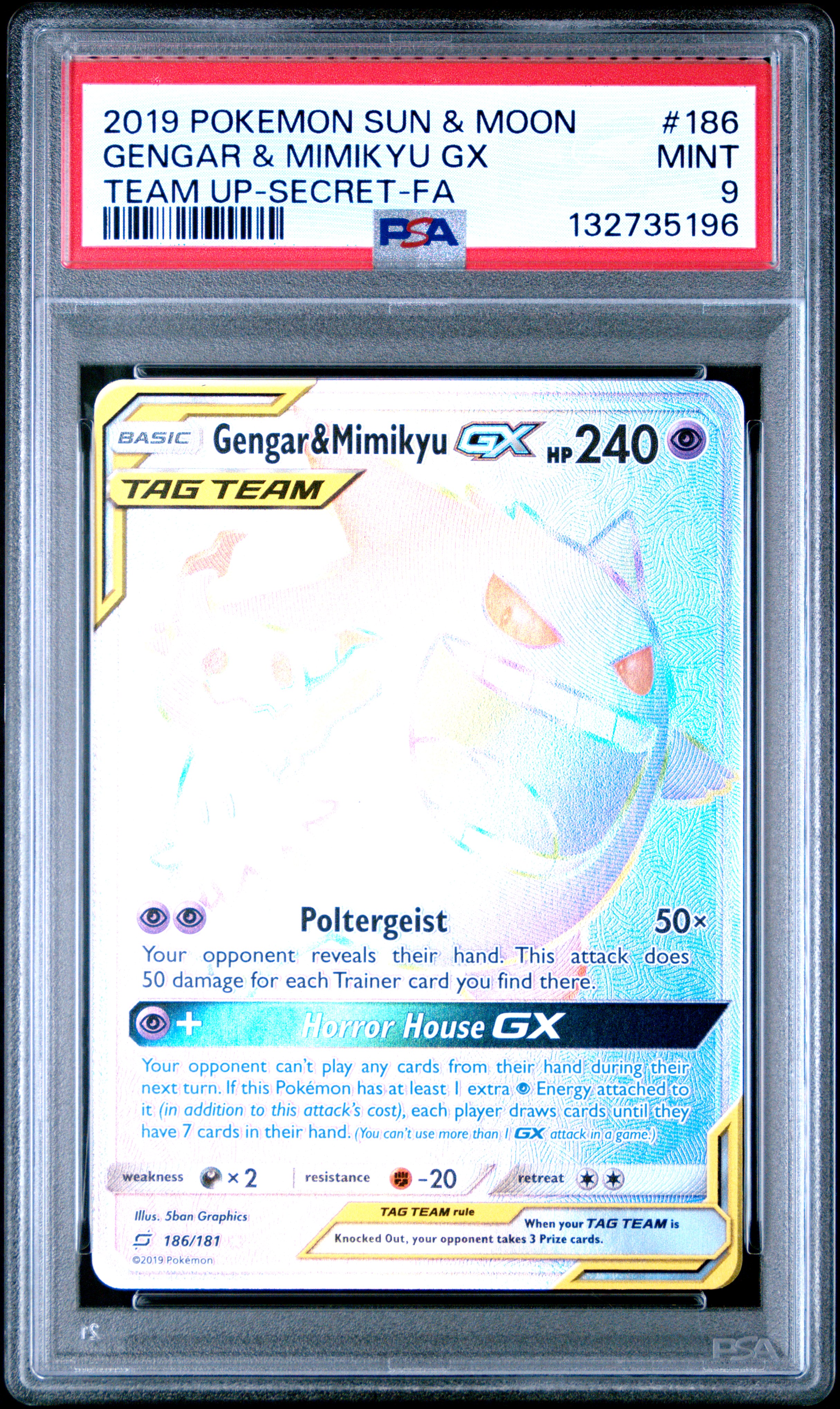 2019 POKEMON SUN & MOON TEAM UP SECRET #186 FULL ART/GENGAR & MIMIKYU GX PSA 9