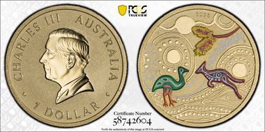 2025-P $1 Green Emu Al-Br Ngana Nyitting, Colorized MS70