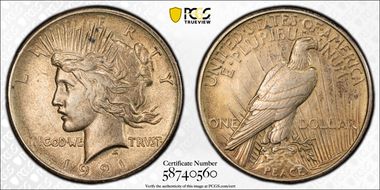 1921 $1 High Relief, Peace AU53